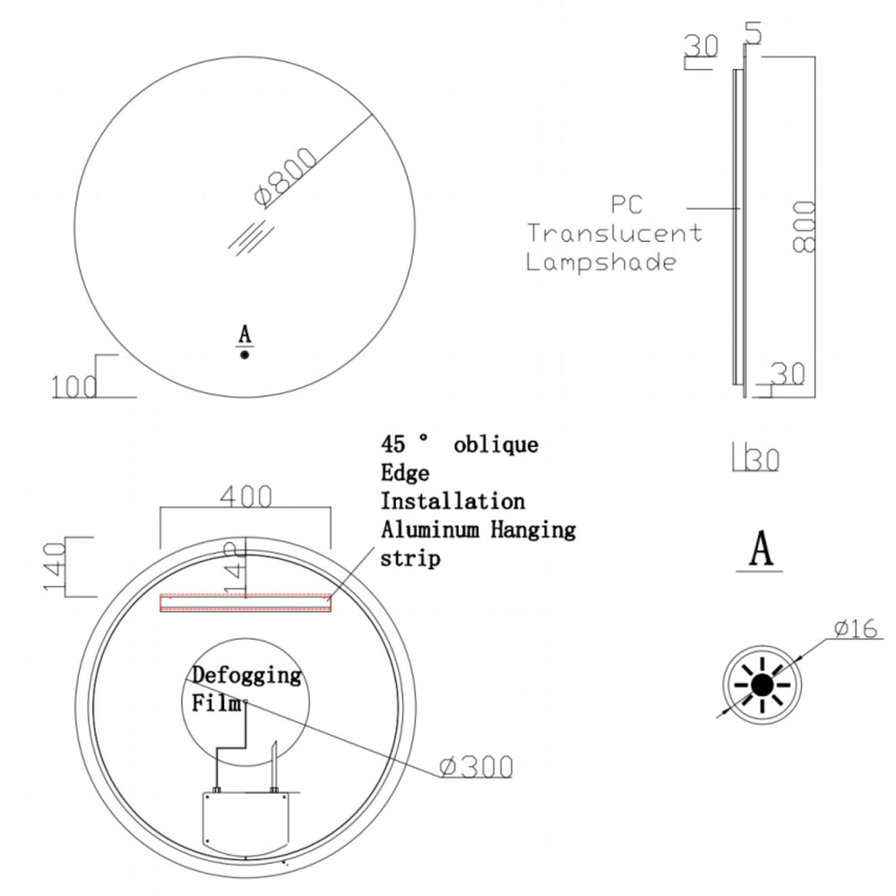 KB SIRRA ROUND FRAMELESS BACKLIT LED MIRROR WITH DEMISTER 3 COLOUR LIGHTS 800MM