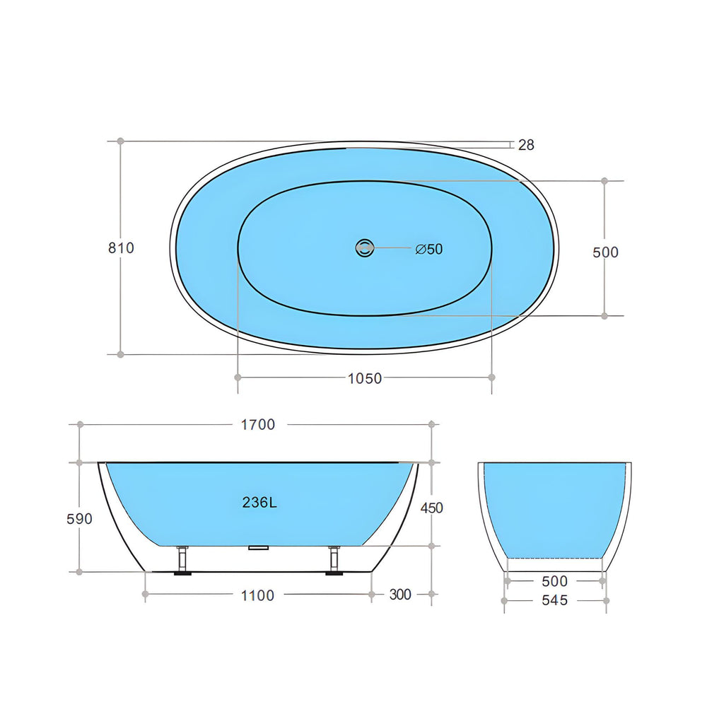 POSEIDON STELLA FREE STANDING BATHTUB GLOSS WHITE (AVAILABLE IN 1500MM AND 1700MM)