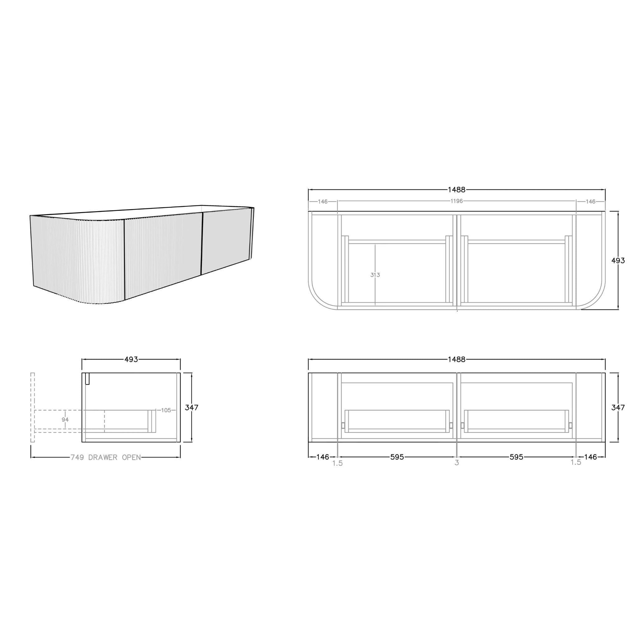 CETO BRONTE COASTAL OAK 1500MM DOUBLE BOWL WALL HUNG VANITY
