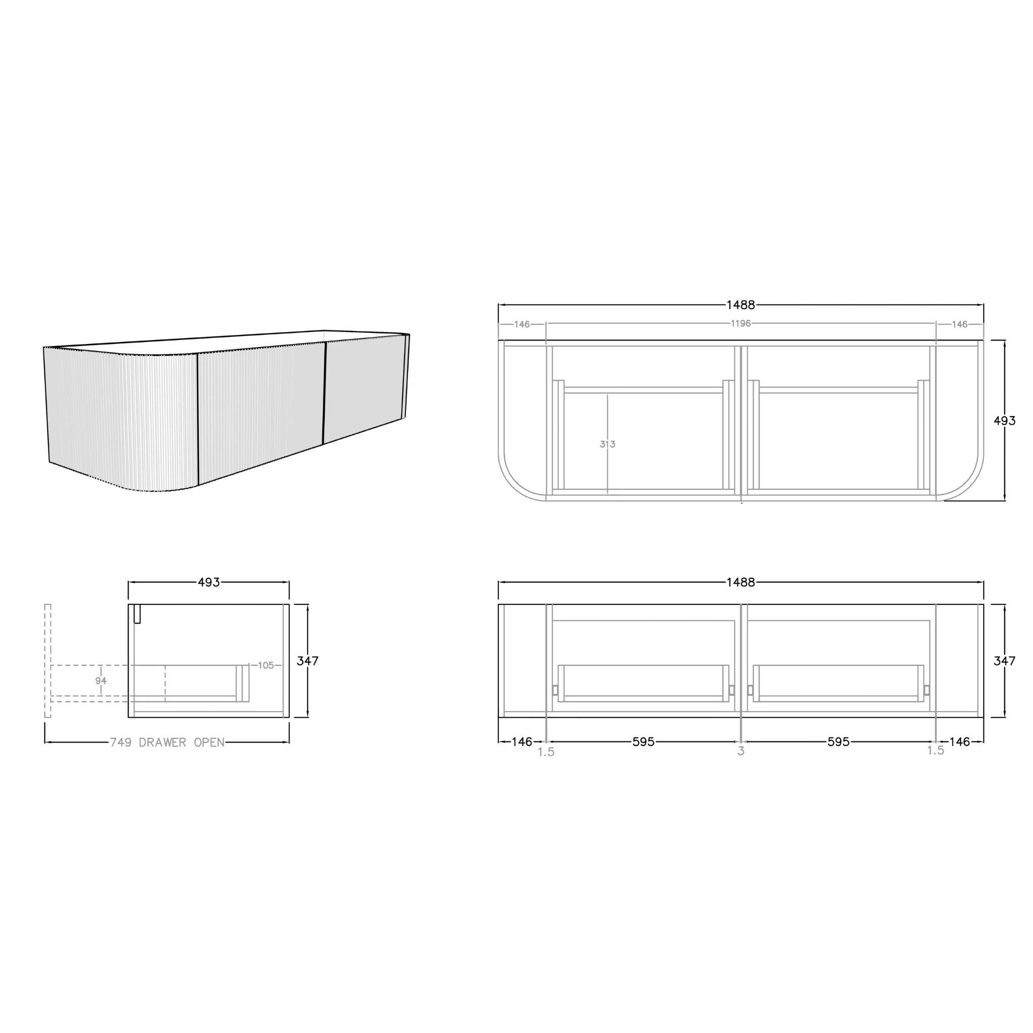 CETO BRONTE PRIME OAK 1500MM DOUBLE BOWL WALL HUNG VANITY