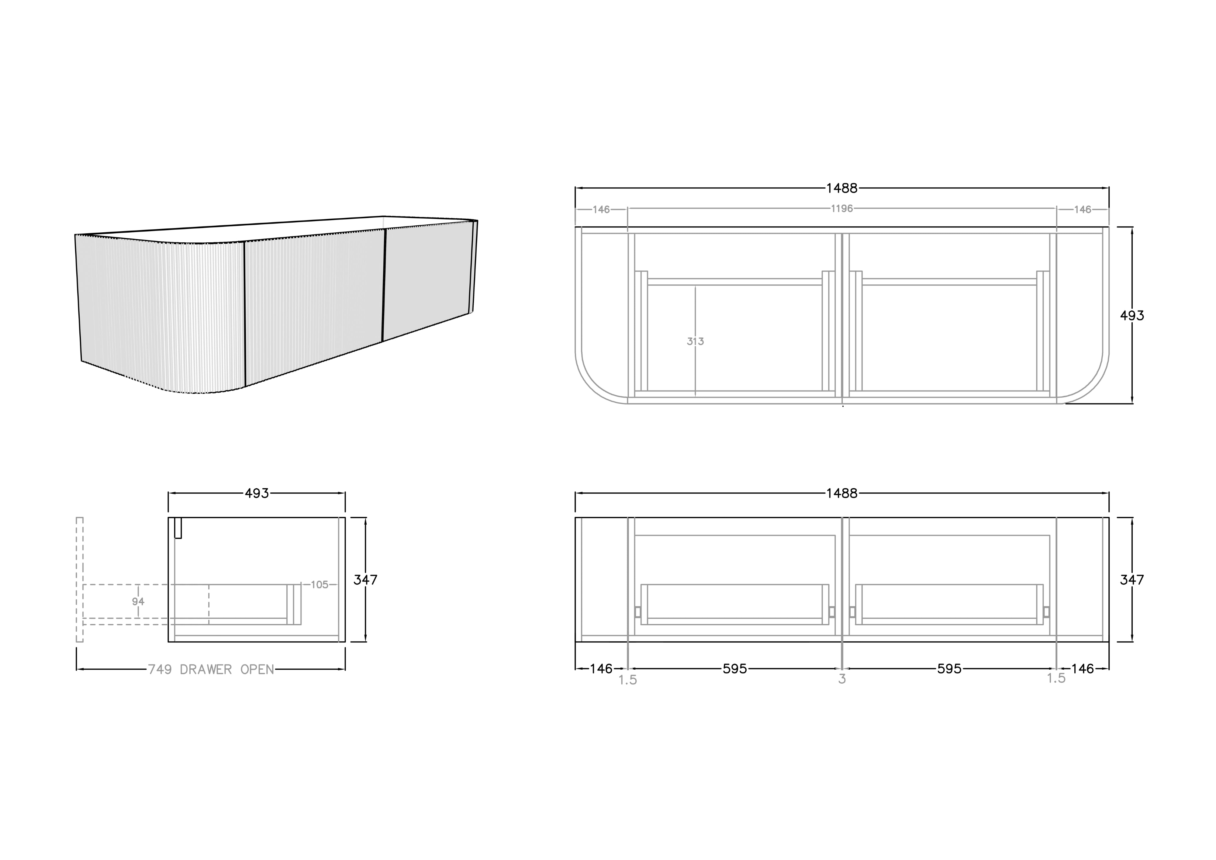 CETO BRONTE COASTAL OAK 1500MM DOUBLE BOWL WALL HUNG VANITY