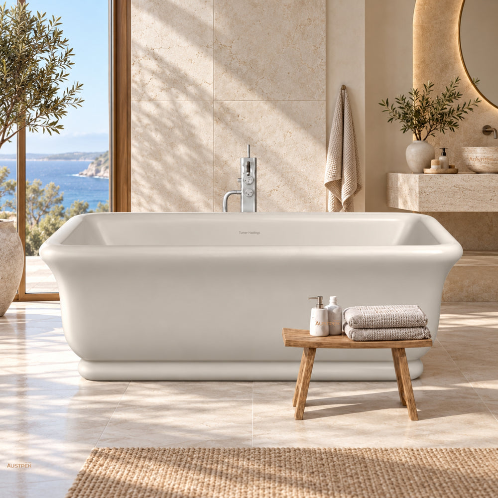 TURNER HASTINGS KIRKHAM TITANCAST FREESTANDING OVERFLOW BATHTUB NATURAL LINEN 1800MM