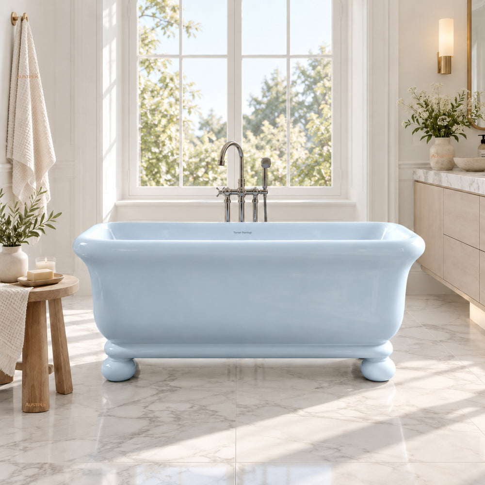 TURNER HASTINGS KIRKHAM TITANCAST FREESTANDING NON OVERFLOW BATHTUB WITH BALL FEET ALICE BLUE (AVAILABLE IN 1600MM AND 1800MM)