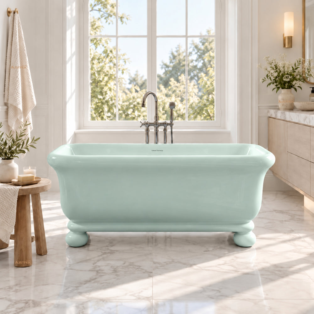 TURNER HASTINGS KIRKHAM TITANCAST FREESTANDING NON OVERFLOW BATHTUB WITH BALL FEET FROSTY MINT (AVAILABLE IN 1600MM AND 1800MM)
