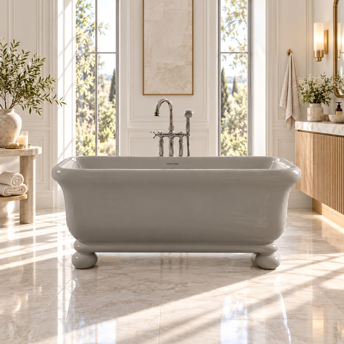 TURNER HASTINGS KIRKHAM TITANCAST FREESTANDING OVERFLOW BATHTUB WITH BALL FEET LIGHT FAWN (AVAILABLE IN 1600MM AND 1800MM)