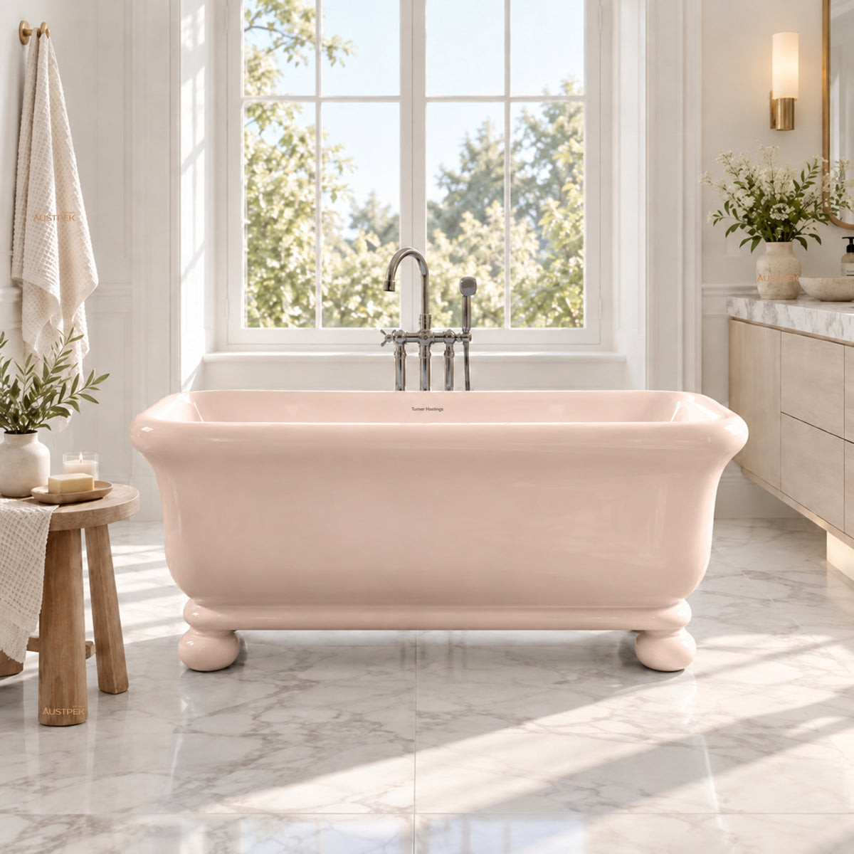 TURNER HASTINGS KIRKHAM TITANCAST FREESTANDING NON OVERFLOW BATHTUB WITH BALL FEET SOFT PEACH (AVAILABLE IN 1600MM AND 1800MM)