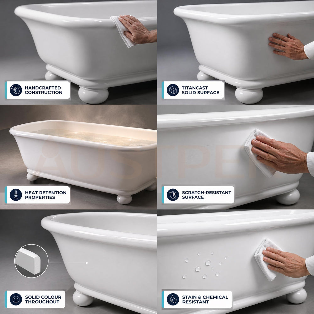 TURNER HASTINGS KIRKHAM TITANCAST SOLID SURFACE FREESTANDING BATHTUB WITH BALL FEET SATIN SILK WHITE (AVAILABLE IN 1600MM & 1800MM)