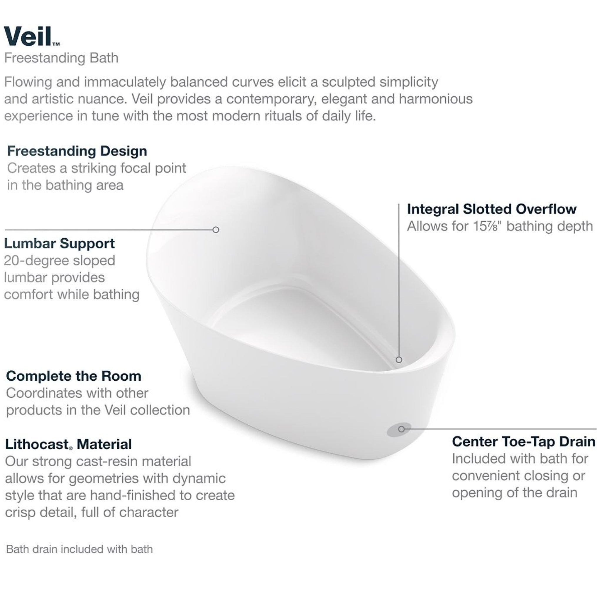 KOHLER VEIL LITHOCAST FREESTANDING BATHTUB GLOSS WHITE 1649MM