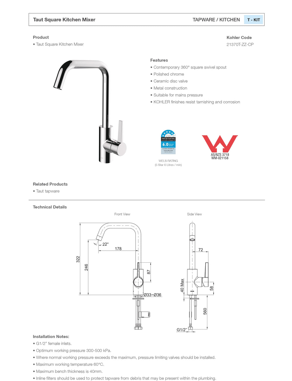 KOHLER TAUT SQUARE KITCHEN MIXER 322MM POLISHED CHROME