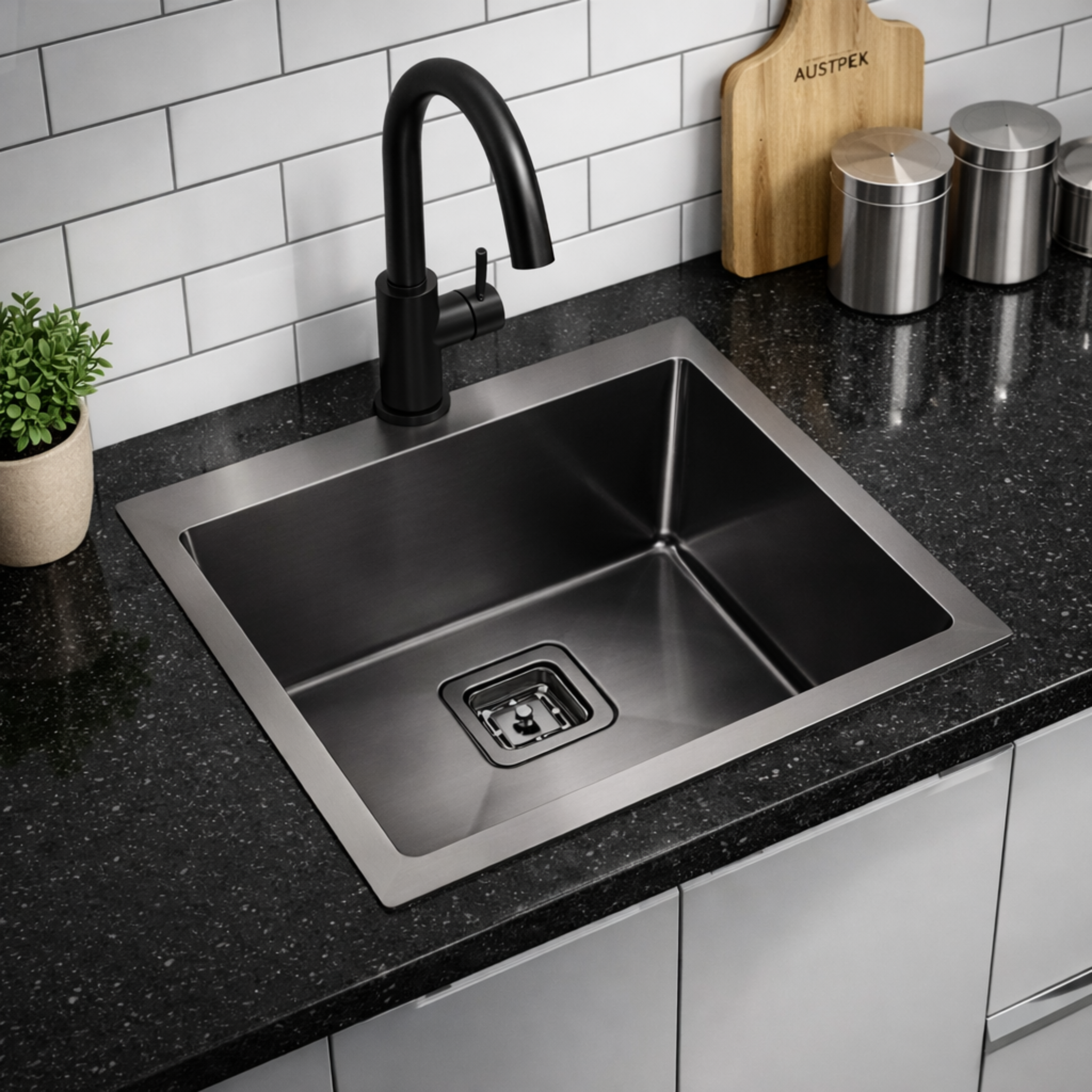 POSEIDON HANDMADE SINGLE BOWL UNDERMOUNT KITCHEN SINK GUN METAL 450MM