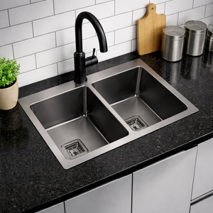 POSEIDON HANDMADE DOUBLE BOWL TOP / UNDERMOUNT KITCHEN SINK GUN METAL 775MM