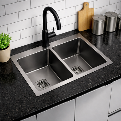 POSEIDON HANDMADE DOUBLE BOWL TOP / UNDERMOUNT KITCHEN SINK GUN METAL 775MM