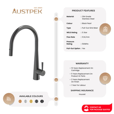GARETH ASHTON 304 GRADE GOOSENECK PULL-OUT SINK MIXER WITH DUAL SPRAY BLACK PEARL