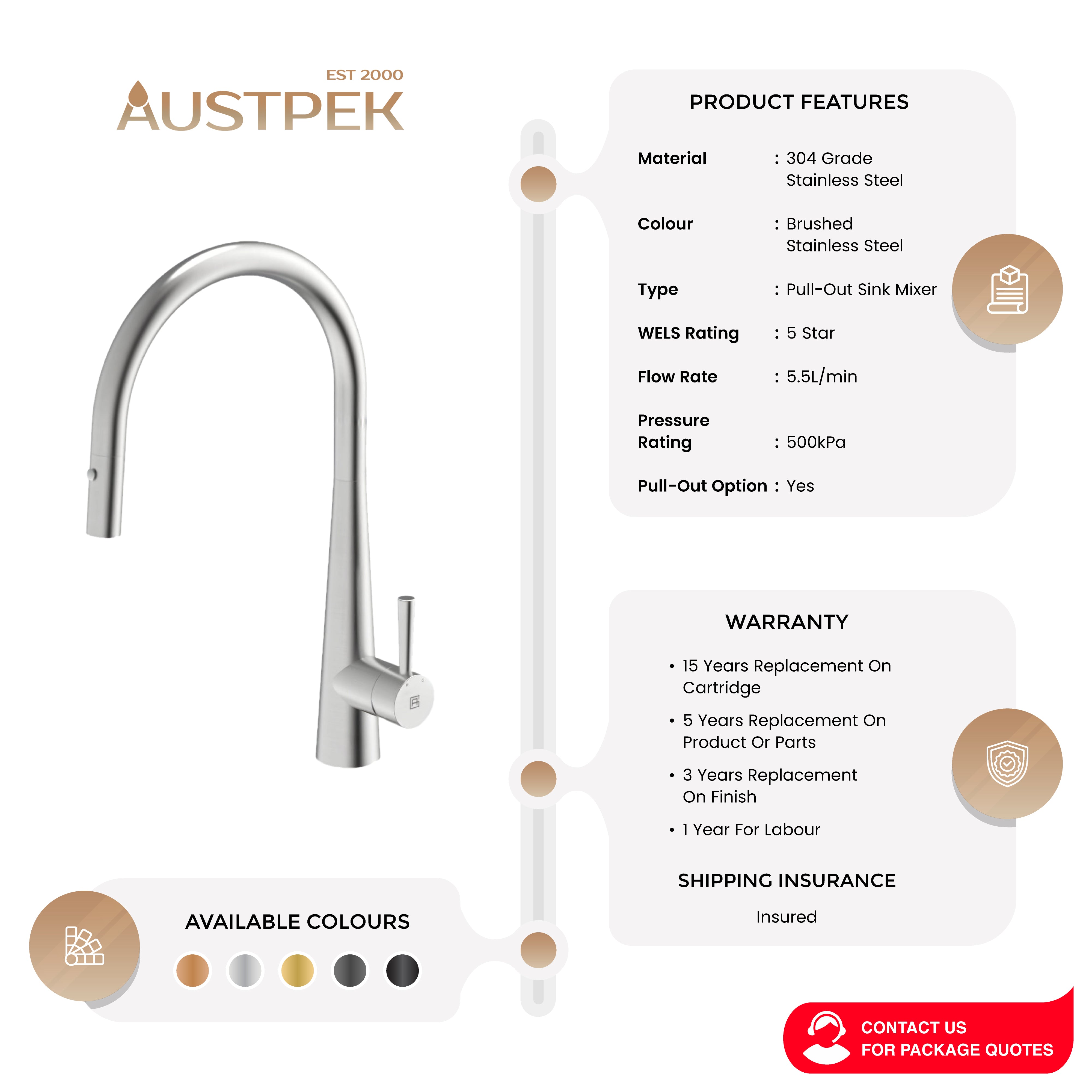 GARETH ASHTON 304 GRADE GOOSENECK PULL-OUT SINK MIXER WITH DUAL SPRAY BRUSHED STAINLESS STEEL