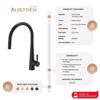 GARETH ASHTON 304 GRADE GOOSENECK PULL-OUT SINK MIXER WITH DUAL SPRAY MATTE BLACK