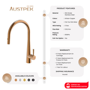 GARETH ASHTON 304 GRADE GOOSENECK PULL-OUT SINK MIXER WITH DUAL SPRAY ARTISAN COPPER