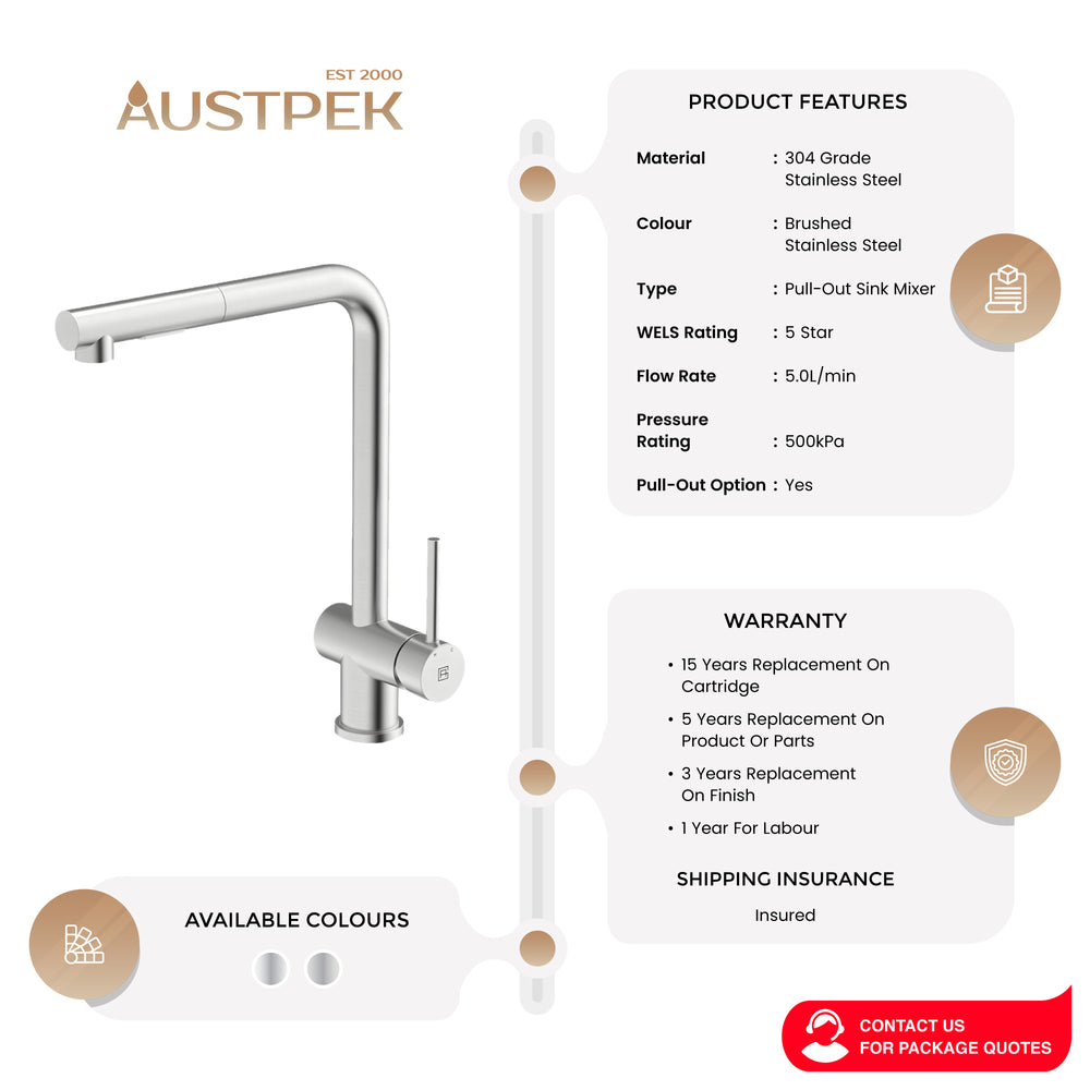 GARETH ASHTON 304 GRADE SQUARE NECK PULL-OUT SINK MIXER WITH DUAL SPRAY BRUSHED STEEL