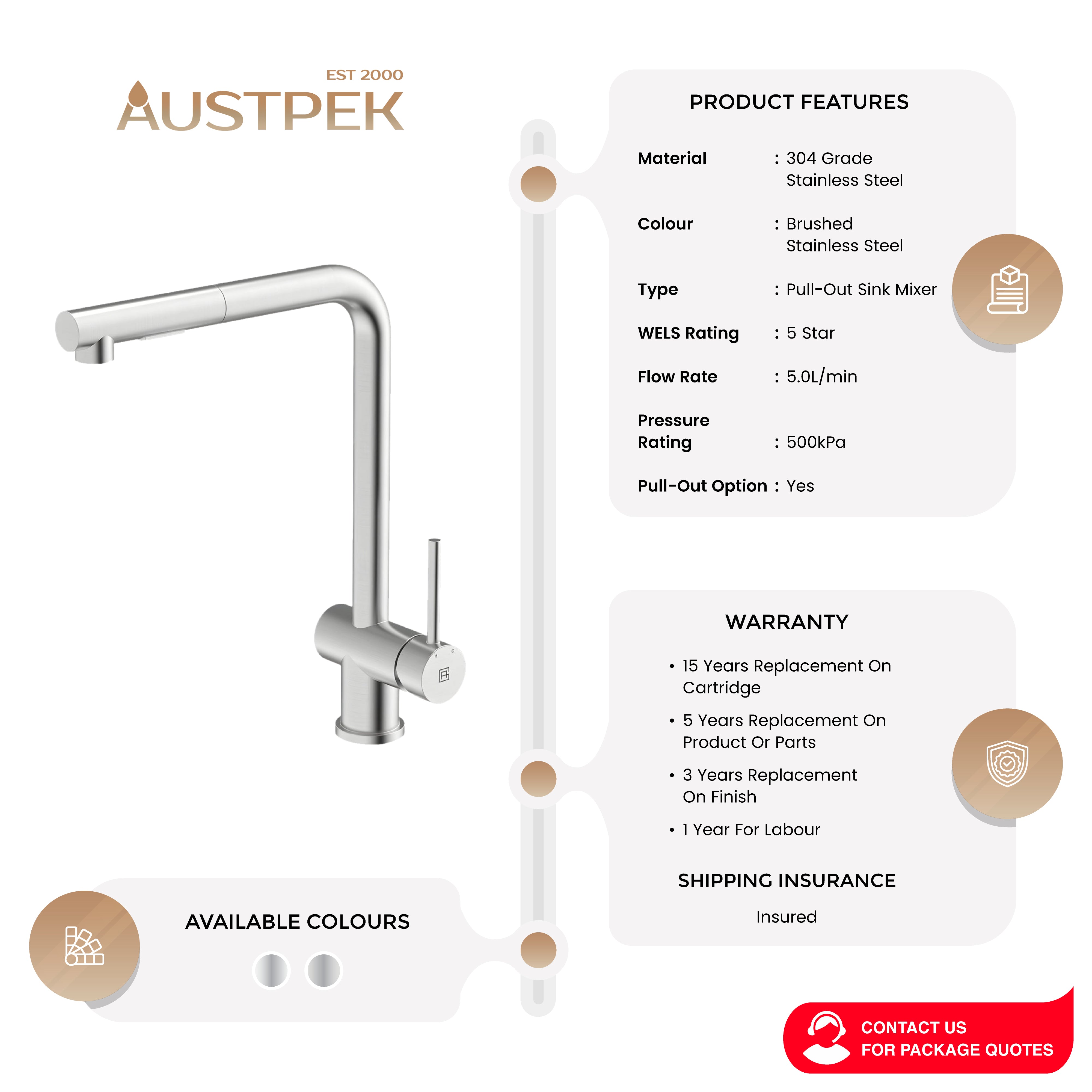 GARETH ASHTON 304 GRADE SQUARE NECK PULL-OUT SINK MIXER WITH DUAL SPRAY BRUSHED STEEL