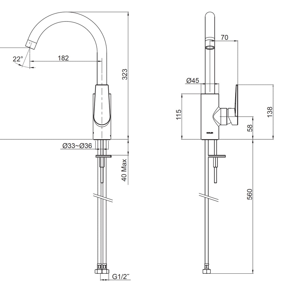 KOHLER TAUT KITCHEN MIXER 323MM MATTE BLACK