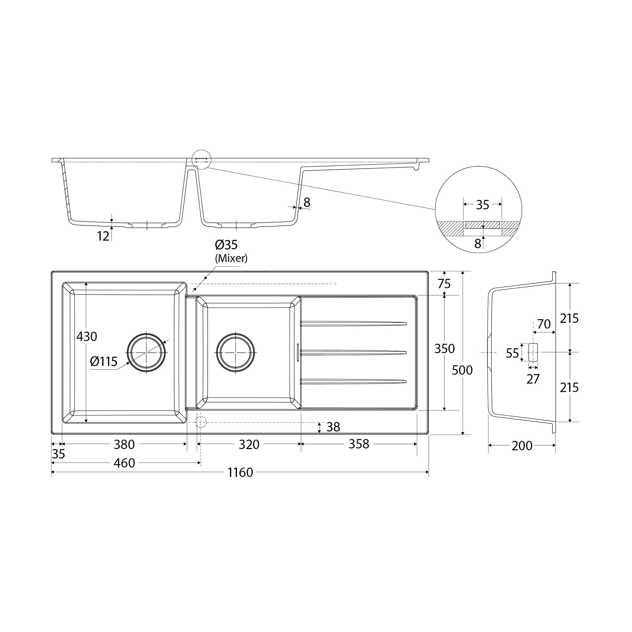 FIENZA KURO GRANITE DOUBLE BOWL KITCHEN SINK WITH DRAINER AND TAP HOLE 1160MM