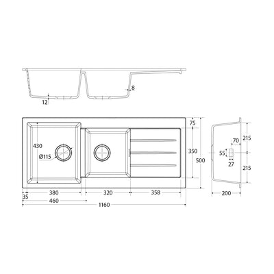 FIENZA KURO GRANITE DOUBLE BOWL KITCHEN SINK WITH DRAINER NO TAP HOLE 1160MM