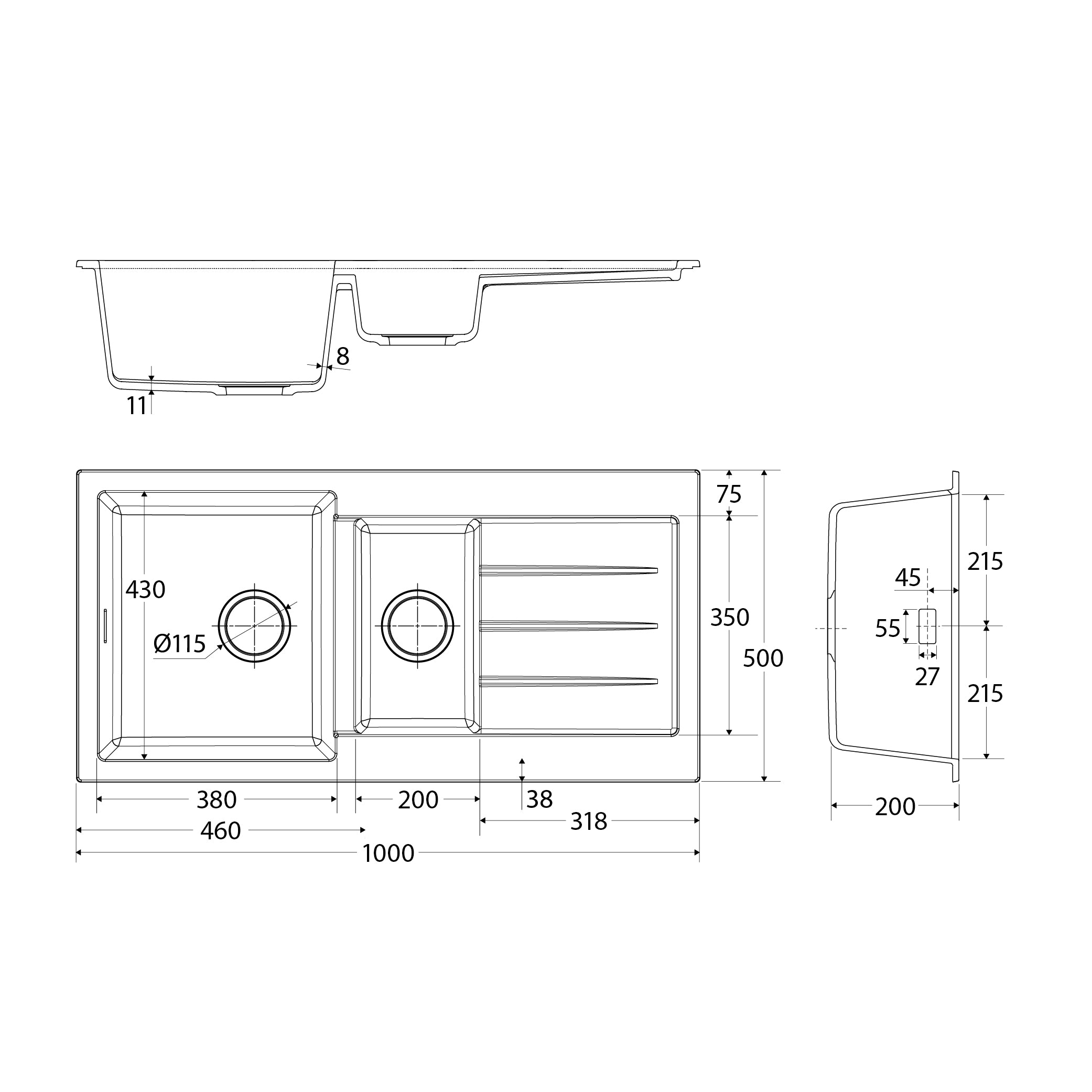 FIENZA KURO GRANITE DOUBLE BOWL KITCHEN SINK WITH DRAINER NO TAP HOLE 1000MM