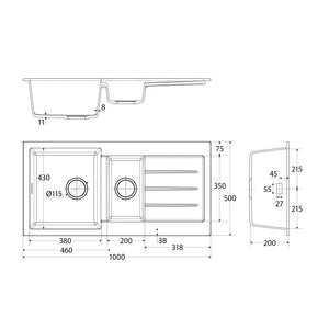 FIENZA KURO GRANITE DOUBLE BOWL KITCHEN SINK WITH DRAINER NO TAP HOLE 1000MM