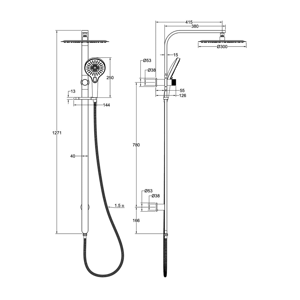 LINSOL OCEANJET ROUND HEAD TWIN SHOWER 1271MM CHROME