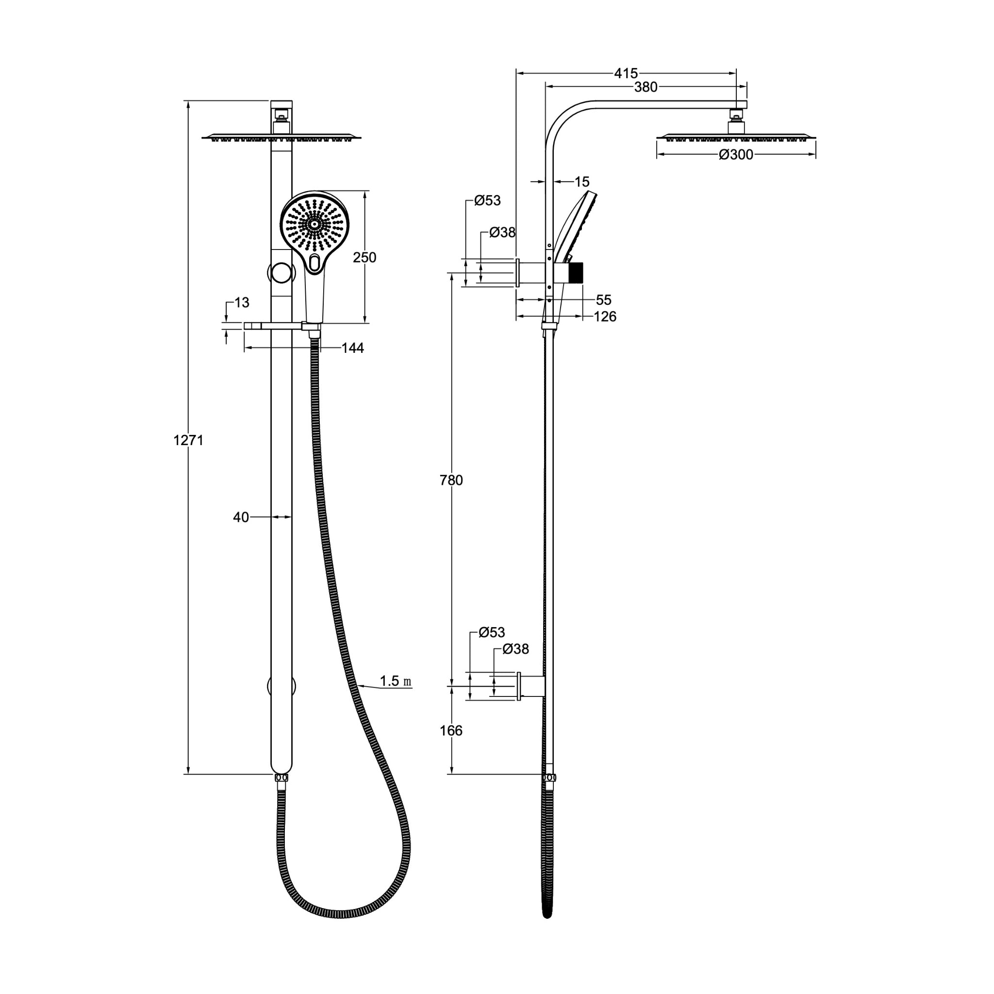 LINSOL OCEANJET ROUND HEAD TWIN SHOWER 1271MM CHROME