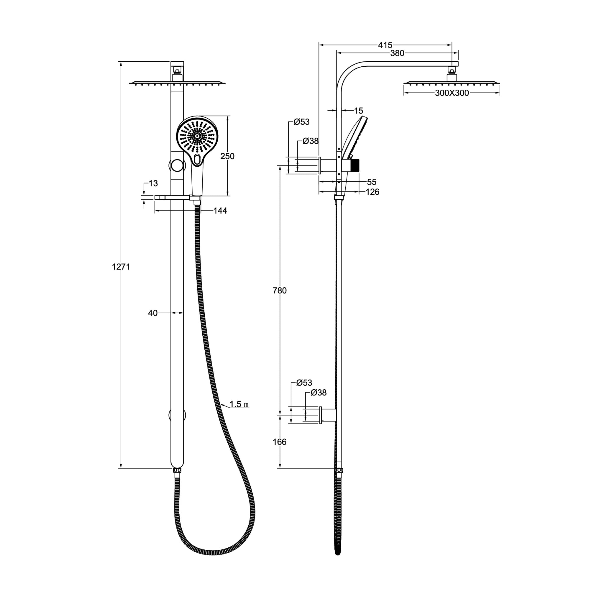 LINSOL OCEANJET SQUARE HEAD TWIN SHOWER 1271MM CHROME