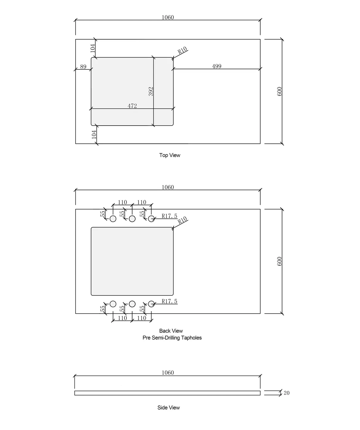 OTTI SOLID SURFACE MATTE WHITE 1060MM LAUNDRY STONE TOP
