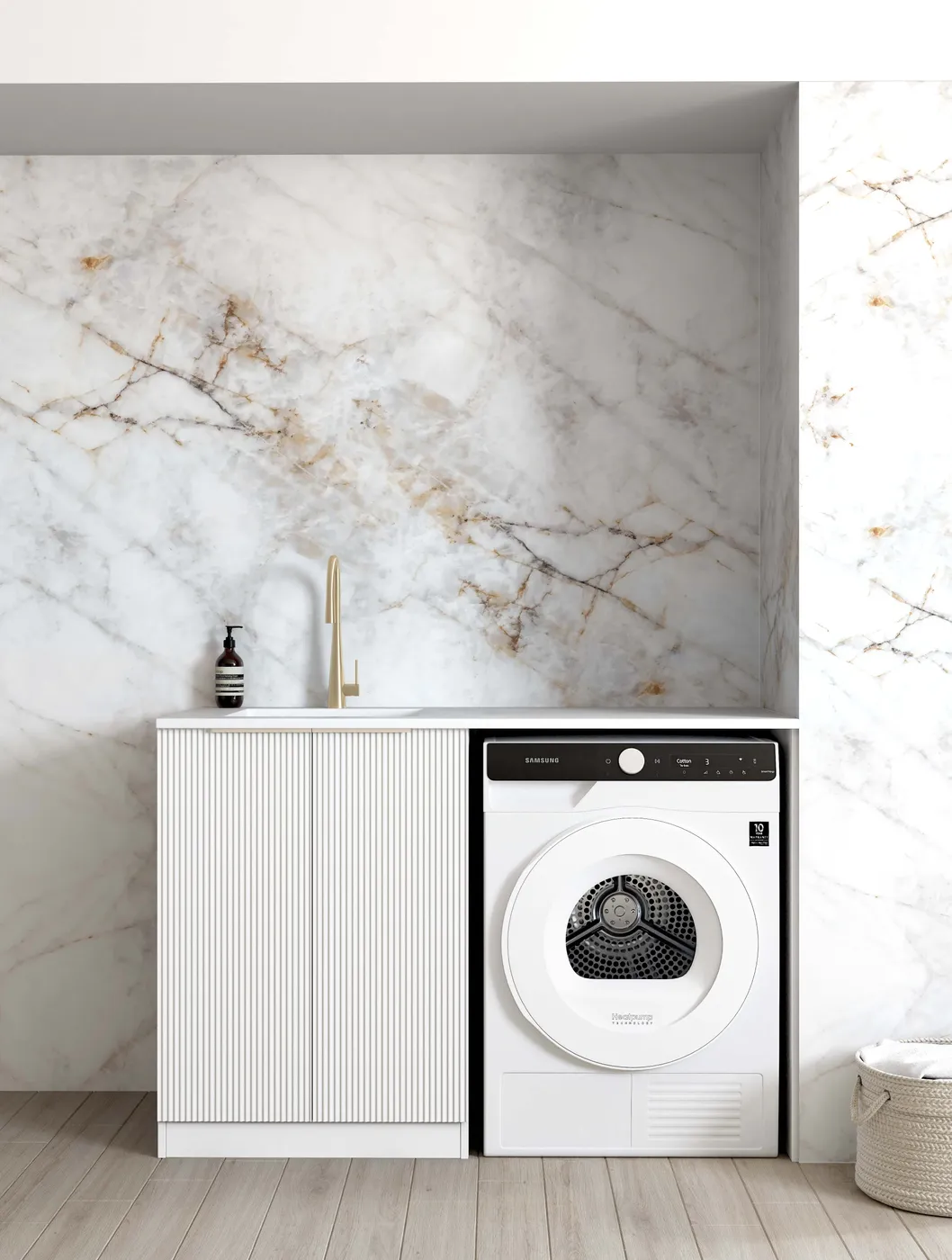 OTTI BONDI MATTE WHITE FLUTED 1300MM BASE LAUNDRY CABINET WITH STONE TOP & SINK