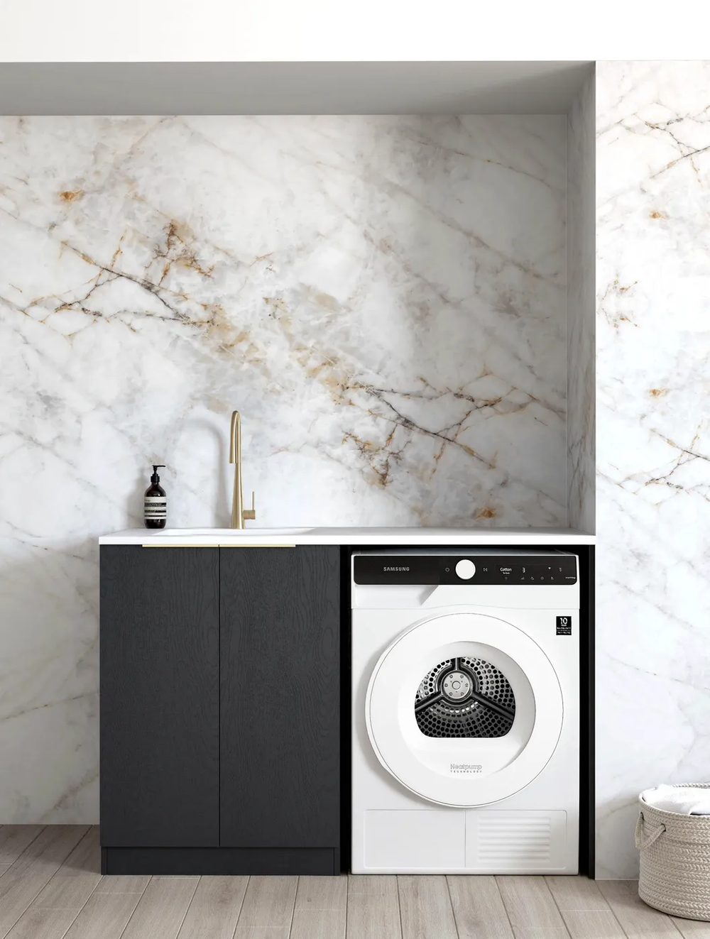 OTTI BYRON BLACK OAK 1300MM BASE LAUNDRY CABINET WITH STONE TOP & SINK