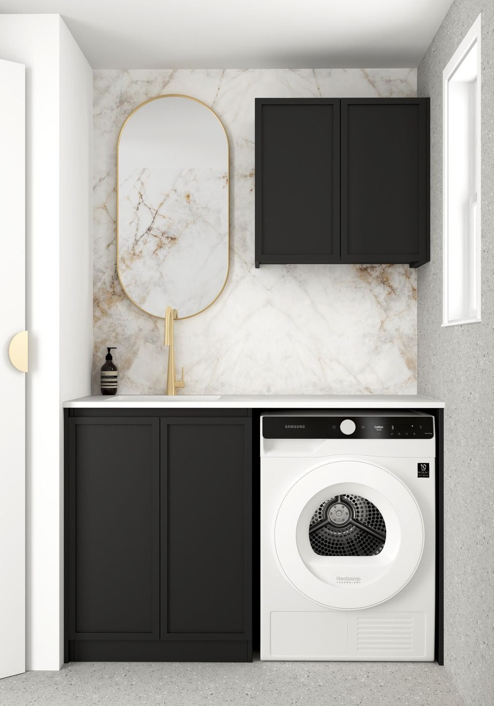 OTTI HAMPSHIRE MATTE BLACK 1300MM LAUNDRY AND WALL CABINET WITH STONE TOP & SINK (PACKAGE-A)