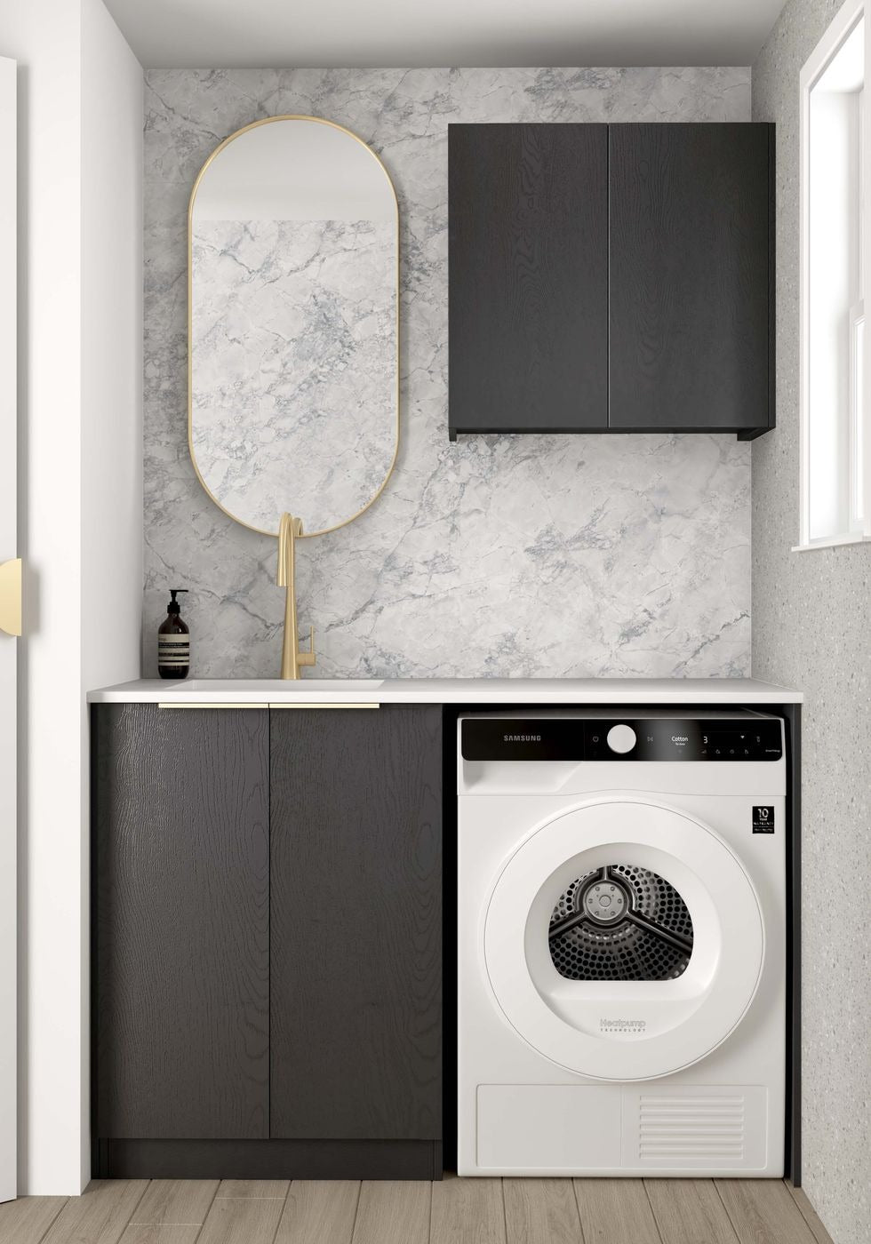 OTTI BYRON BLACK OAK 1300MM LAUNDRY AND WALL CABINET WITH STONE TOP & SINK (PACKAGE-A)