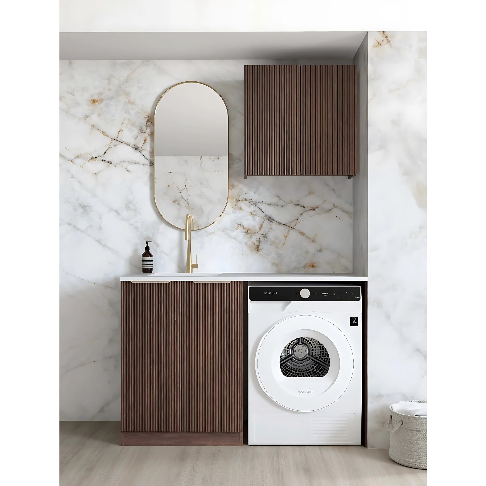 OTTI HAVANA SABLE WALNUT FLUTED 1305MM LAUNDRY AND WALL CABINET WITH STONE TOP & SINK (PACKAGE-A)