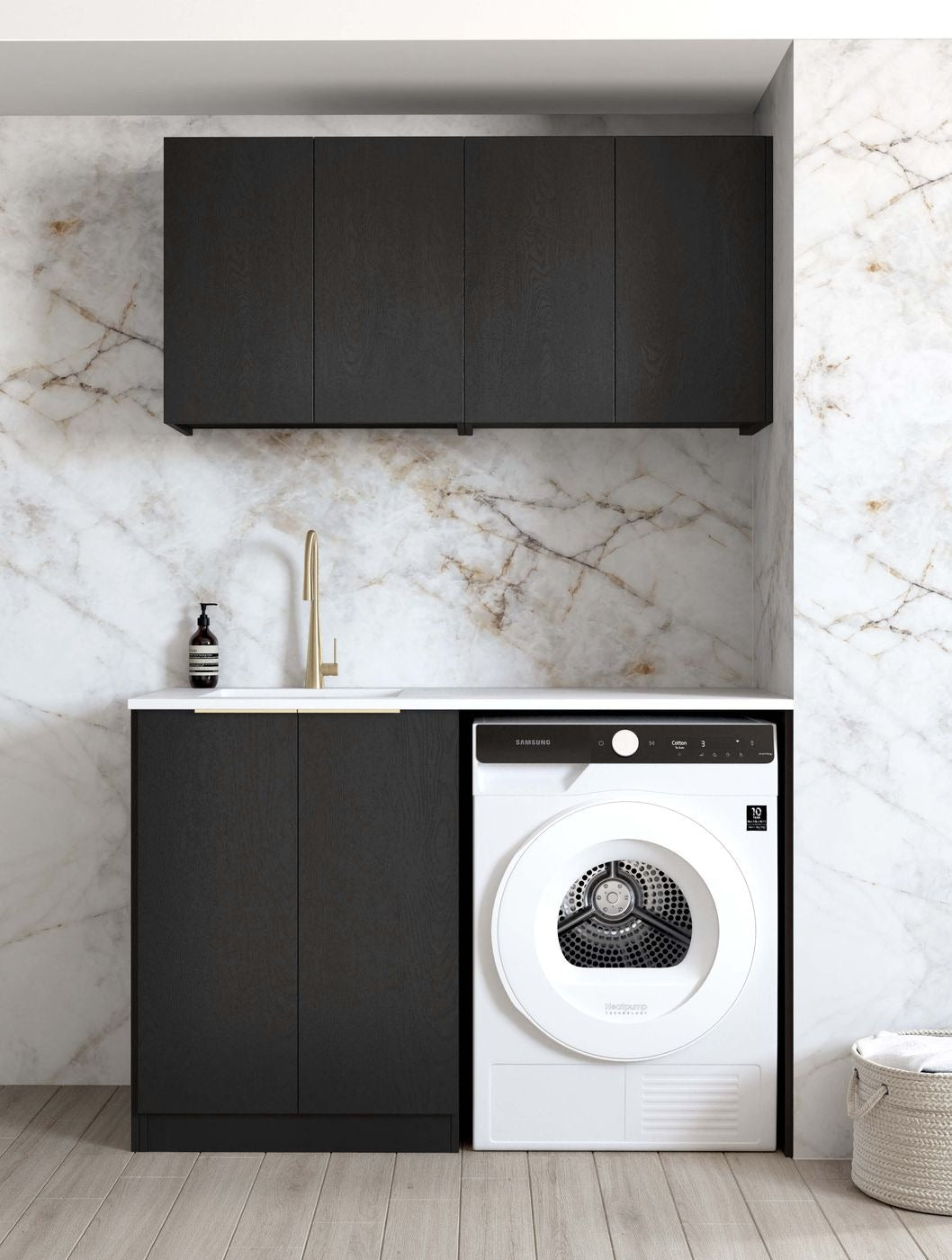 OTTI BYRON BLACK OAK 1300MM LAUNDRY AND WALL CABINET WITH STONE TOP & SINK (PACKAGE-B)