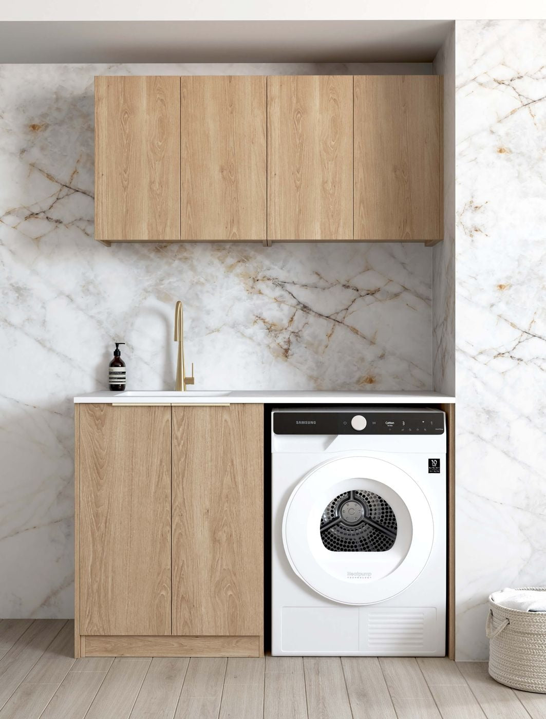 OTTI BYRON NATURAL OAK 1300MM LAUNDRY AND WALL CABINET WITH STONE TOP & SINK (PACKAGE-B)