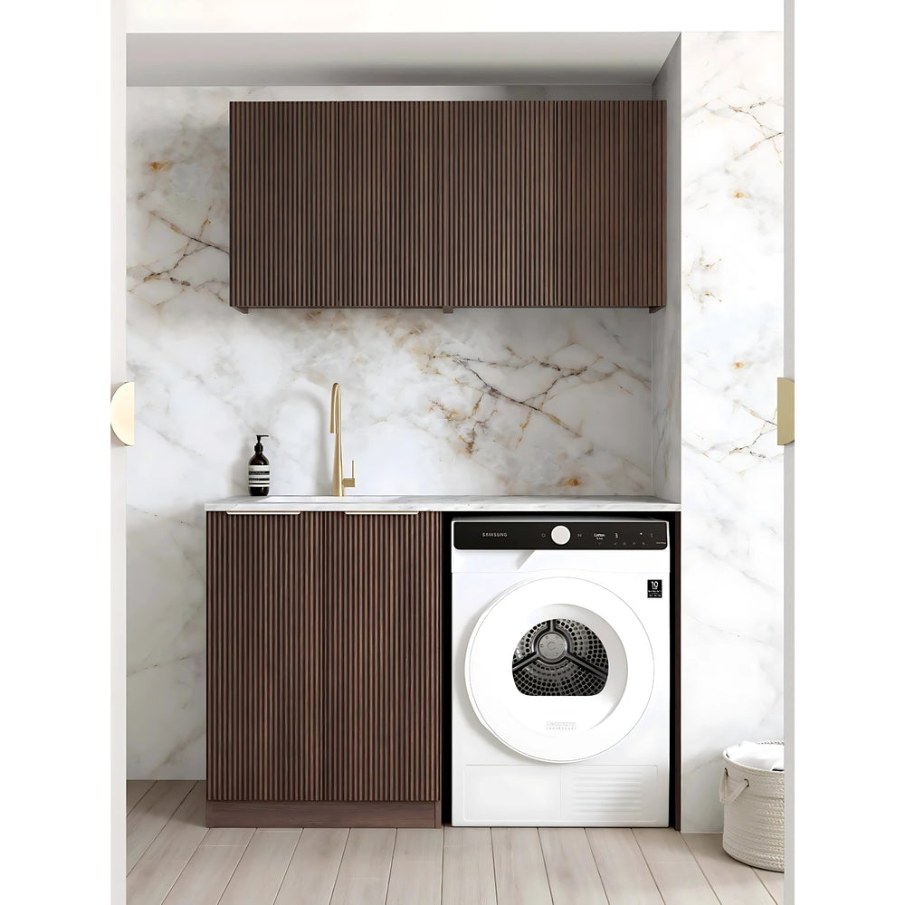 OTTI HAVANA SABLE WALNUT FLUTED 1305MM LAUNDRY AND WALL CABINET WITH STONE TOP & SINK (PACKAGE-B)