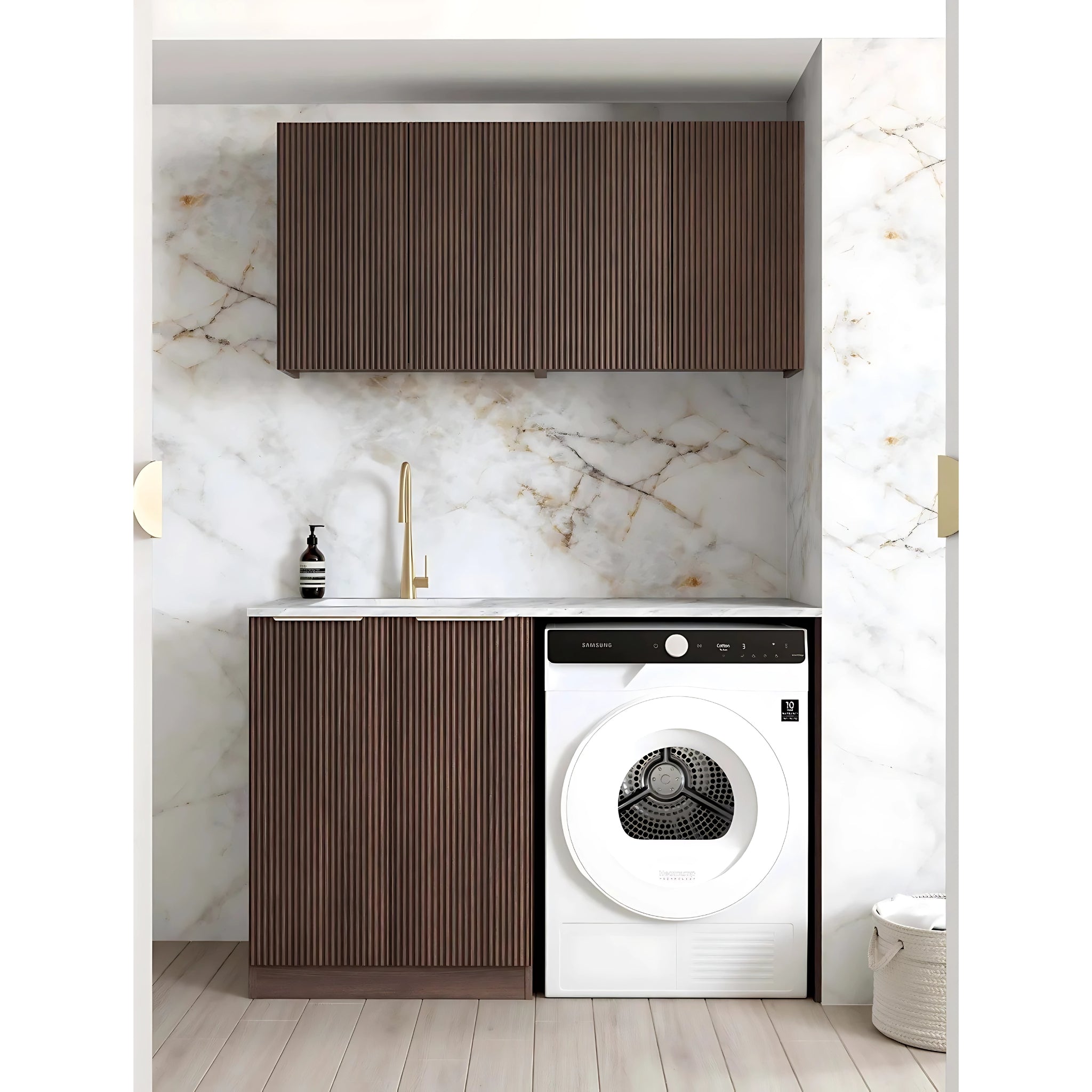 OTTI HAVANA SABLE WALNUT FLUTED 1305MM LAUNDRY AND WALL CABINET WITH STONE TOP & SINK (PACKAGE-B)