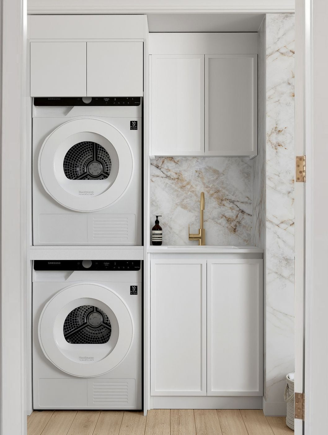OTTI HAMPSHIRE MATTE WHITE 1300MM LAUNDRY AND WALL CABINET WITH STONE TOP & SINK (PACKAGE-C)