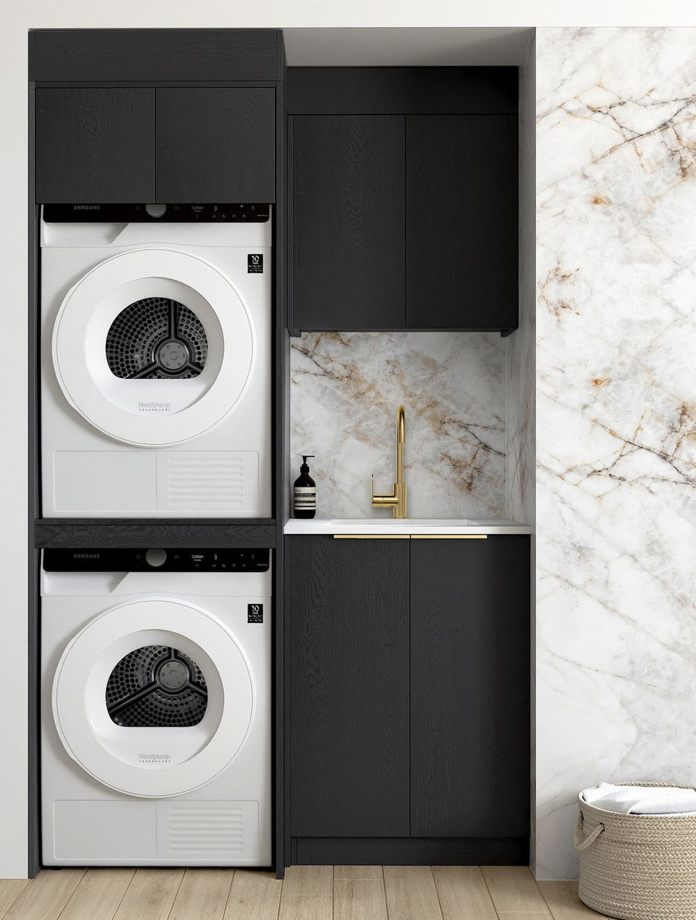OTTI BYRON BLACK OAK 1300MM LAUNDRY AND WALL CABINET WITH STONE TOP & SINK (PACKAGE-C)