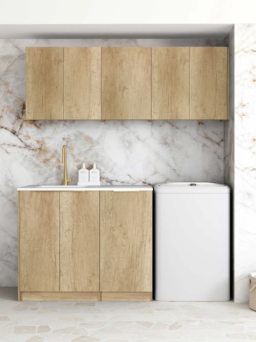 OTTI BYRON NATURAL OAK 1715MM LAUNDRY AND WALL CABINET WITH STONE TOP & SINK (PACKAGE-B)