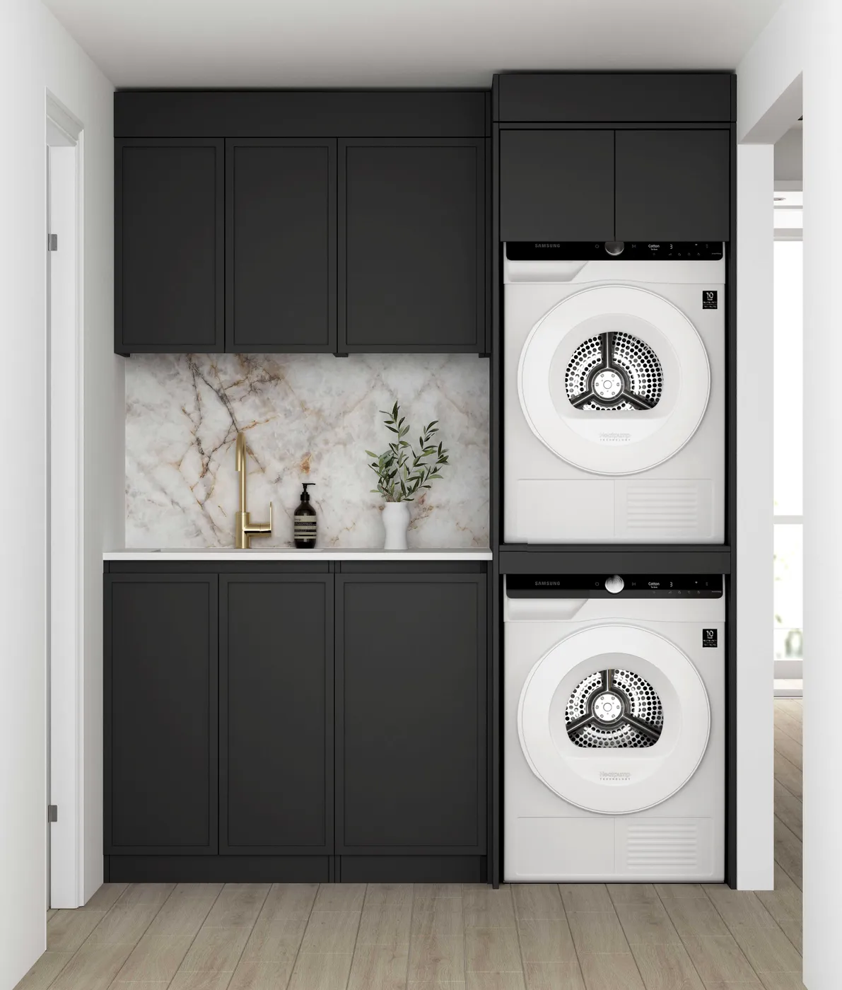 OTTI HAMPSHIRE MATTE BLACK 1715MM LAUNDRY AND WALL CABINET WITH STONE TOP & SINK (PACKAGE-C)