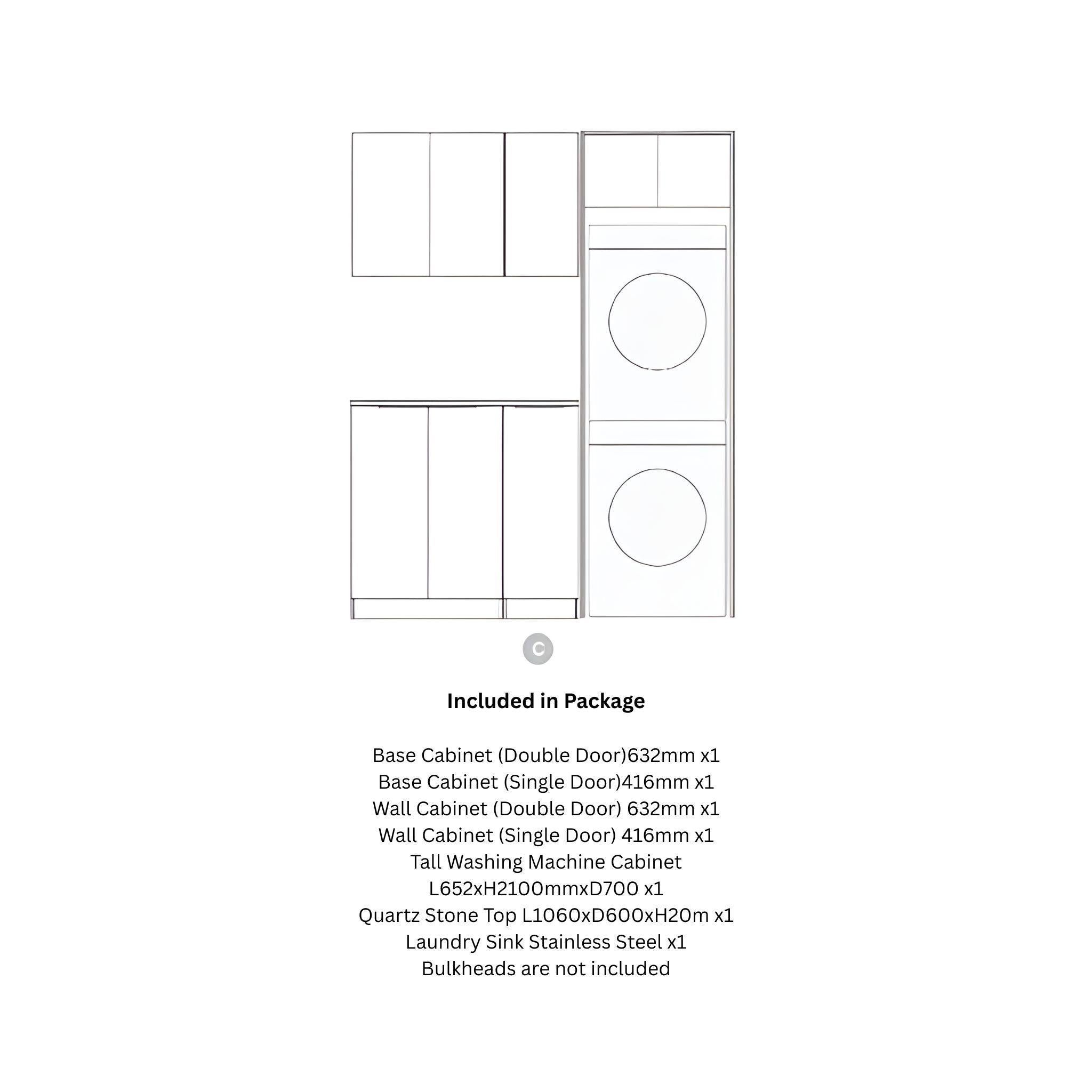 OTTI BONDI MATTE WHITE 1715MM LAUNDRY AND WALL CABINET WITH STONE TOP & SINK (PACKAGE-C)