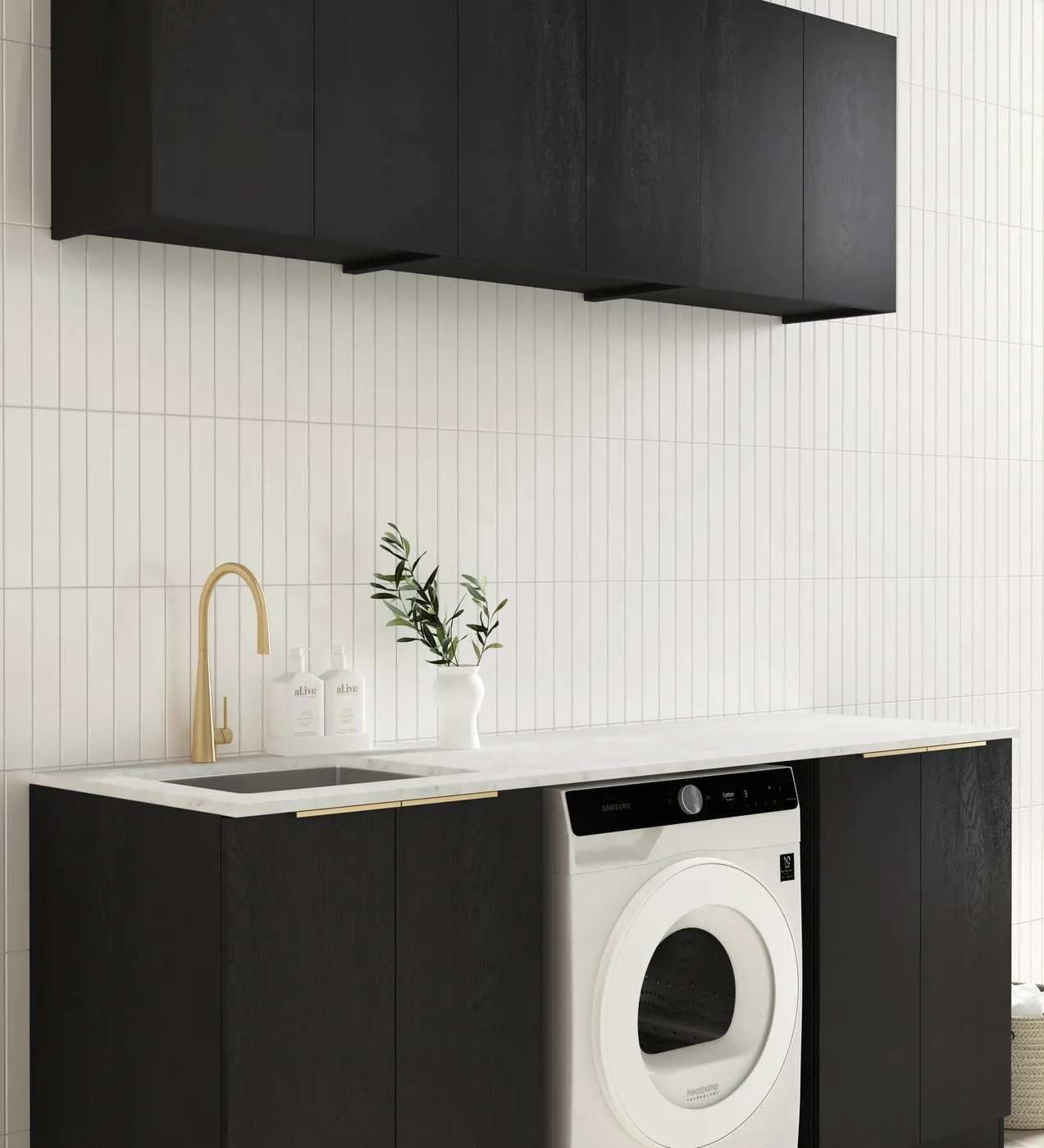 OTTI BYRON BLACK OAK 1960MM LAUNDRY AND WALL CABINET WITH STONE TOP & SINK (PACKAGE-B)