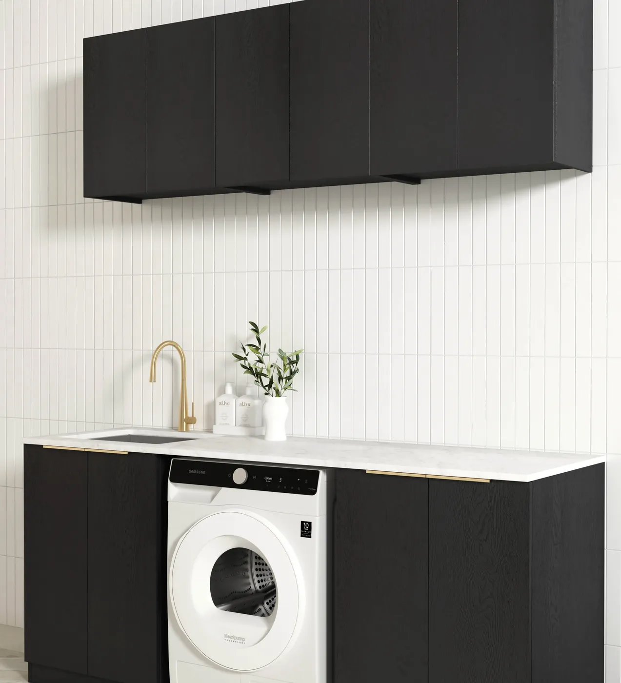OTTI BYRON BLACK OAK 1960MM LAUNDRY AND WALL CABINET WITH STONE TOP & SINK (PACKAGE-B)