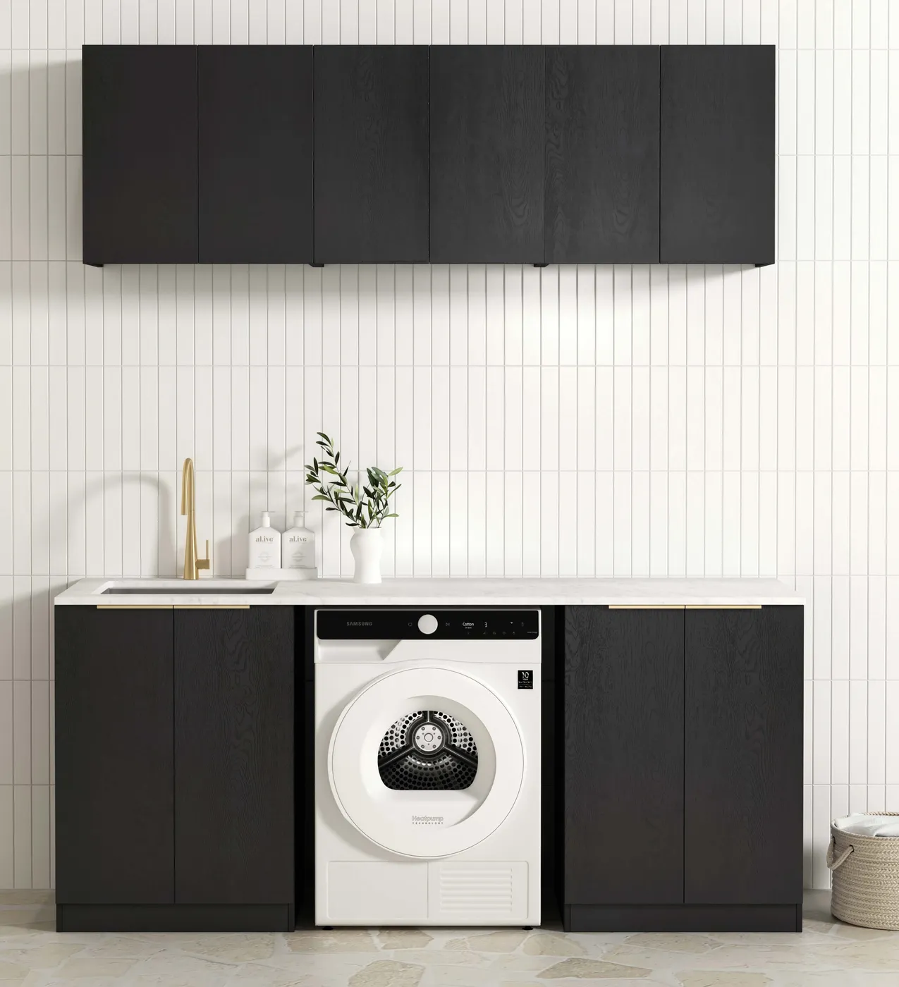 OTTI BYRON BLACK OAK 1960MM LAUNDRY AND WALL CABINET WITH STONE TOP & SINK (PACKAGE-B)
