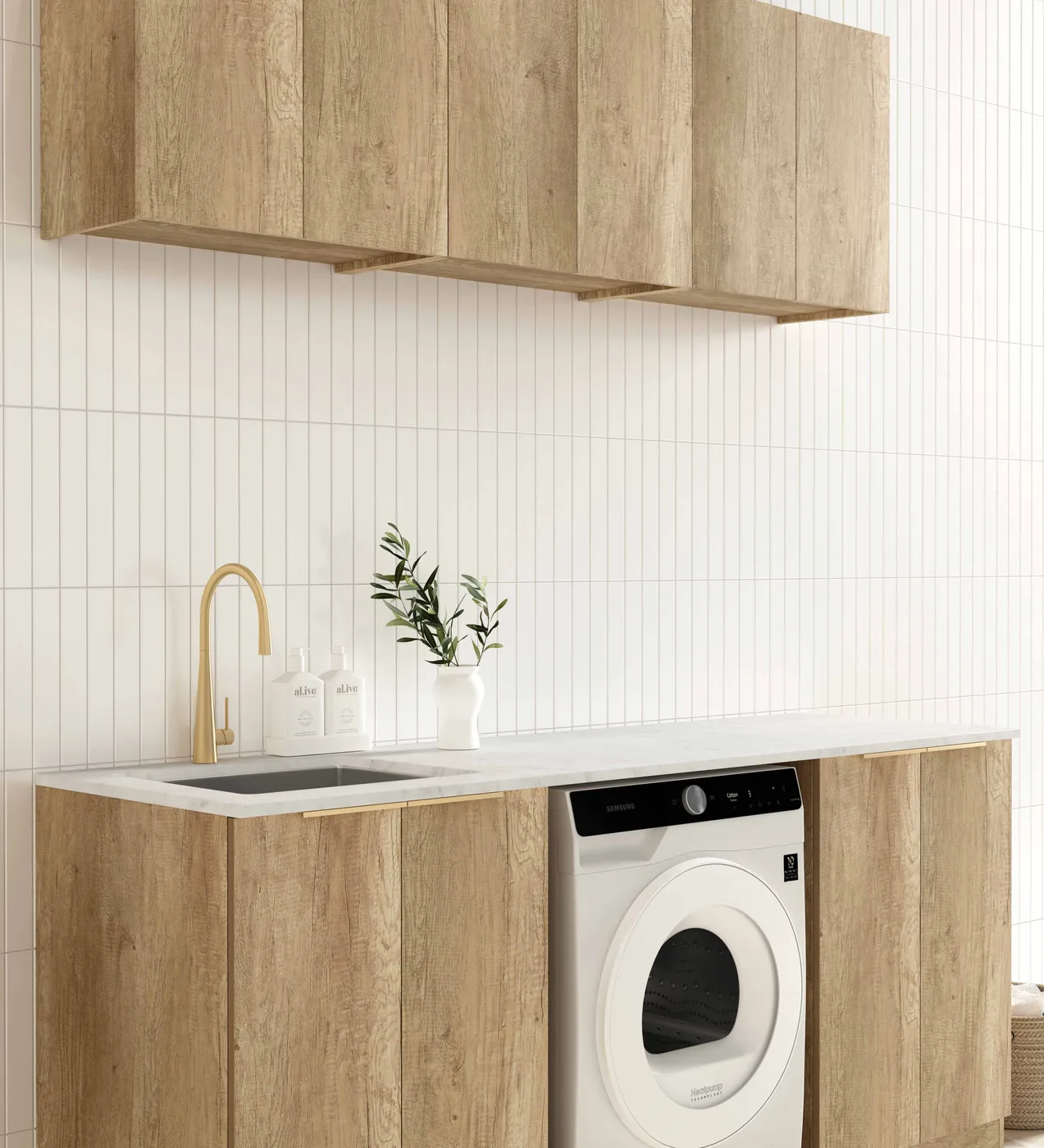 OTTI BYRON NATURAL OAK 1960MM LAUNDRY AND WALL CABINET WITH STONE TOP & SINK (PACKAGE-B)