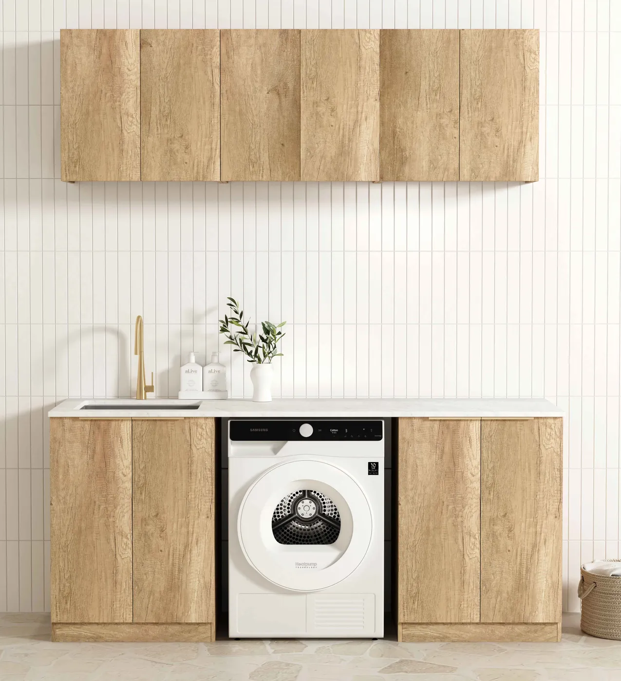 OTTI BYRON NATURAL OAK 1960MM LAUNDRY AND WALL CABINET WITH STONE TOP & SINK (PACKAGE-B)